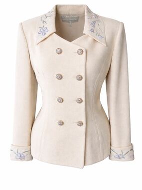 Vtg St. John Evening Cream Bouclé Blazer Floral Embroidered Rhinestone Button‎ 6
